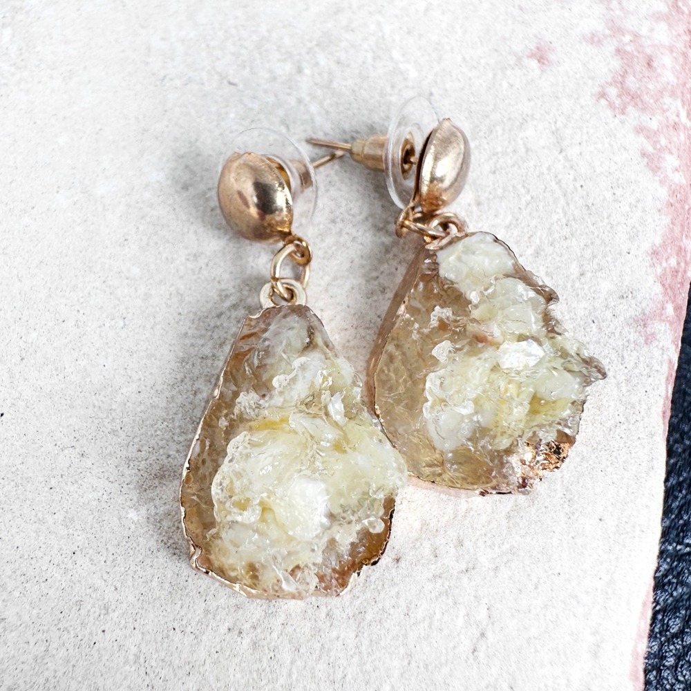 Lightweight Natural Druzy Teardrop Drops Gold‎ Tone Boho Crystal Earrings
